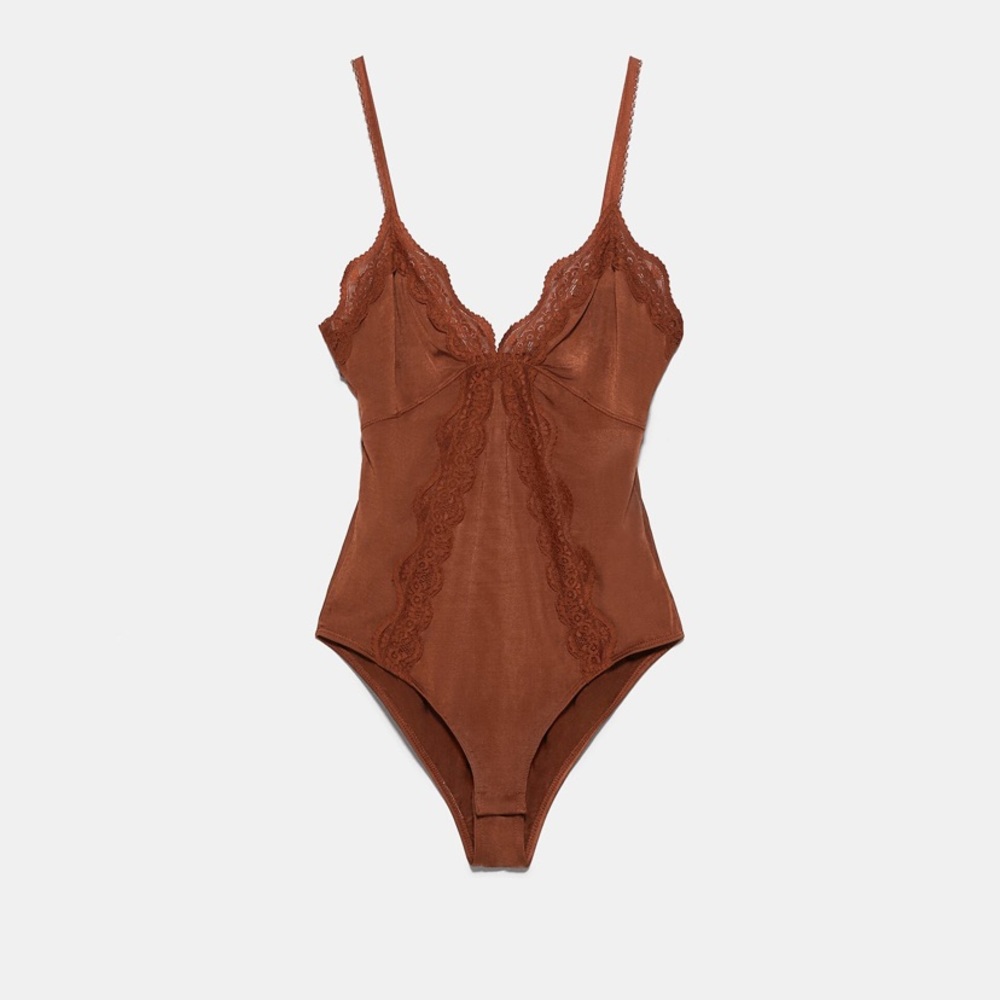 NWT Zara Brown Rust Orange Lace-Trim Bodysuit size M